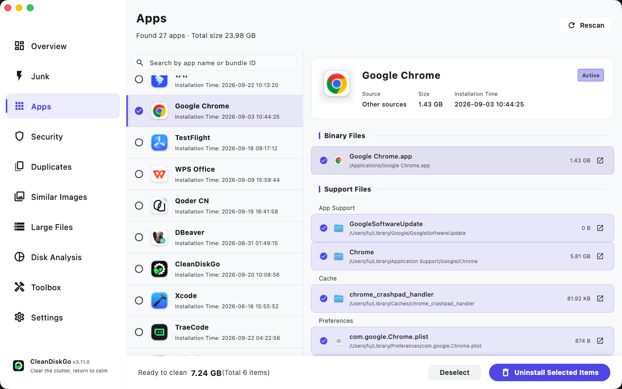 CleanDiskGo Apps screen with Chrome selected, showing binary and support files