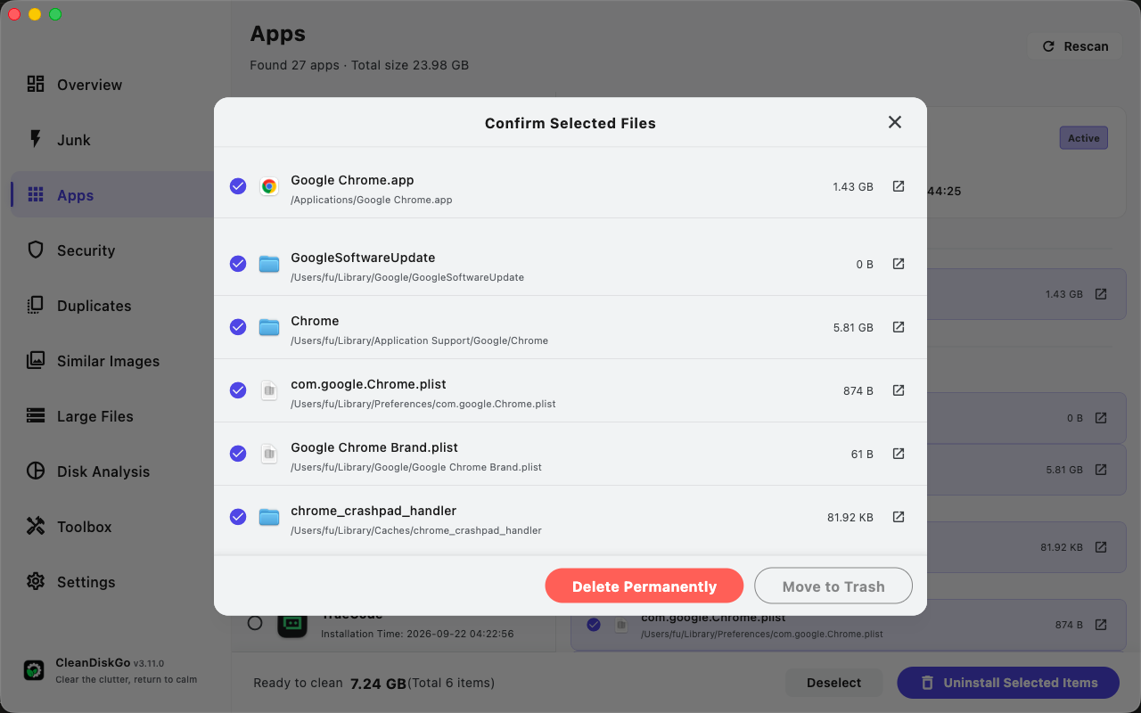Confirmation dialog listing every file to be removed, with Delete Permanently and Move to Trash options